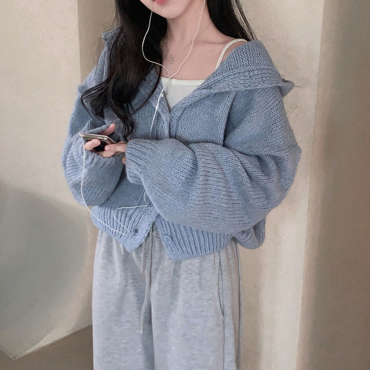 フードボタンニットカーディガン(5color) SKY BLUE