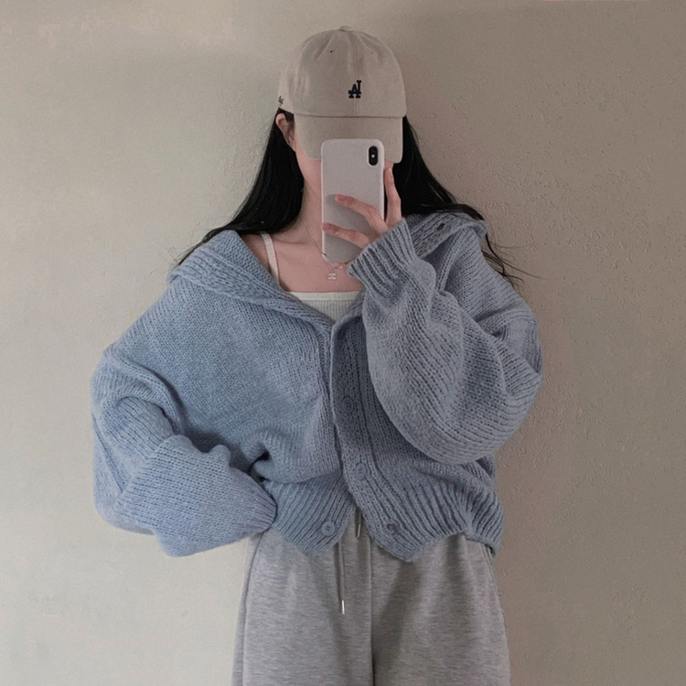 フードボタンニットカーディガン(5color) SKY BLUE