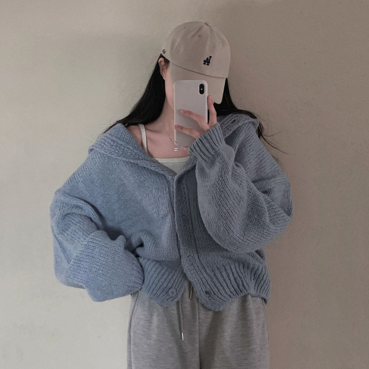 フードボタンニットカーディガン(5color) SKY BLUE