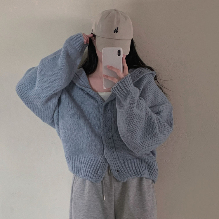 フードボタンニットカーディガン(5color) SKY BLUE