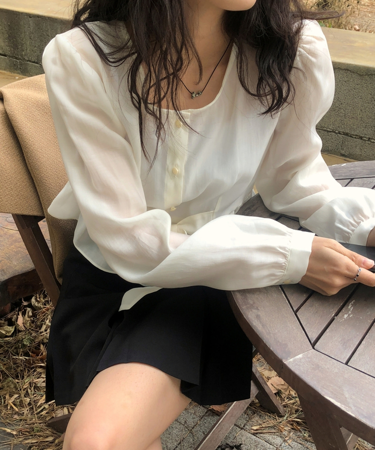シャーリングリボンシースルーブラウス IVORY