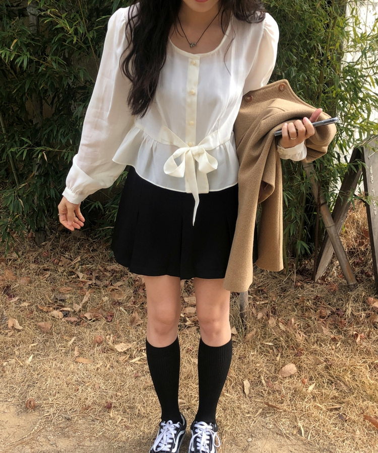 シャーリングリボンシースルーブラウス IVORY