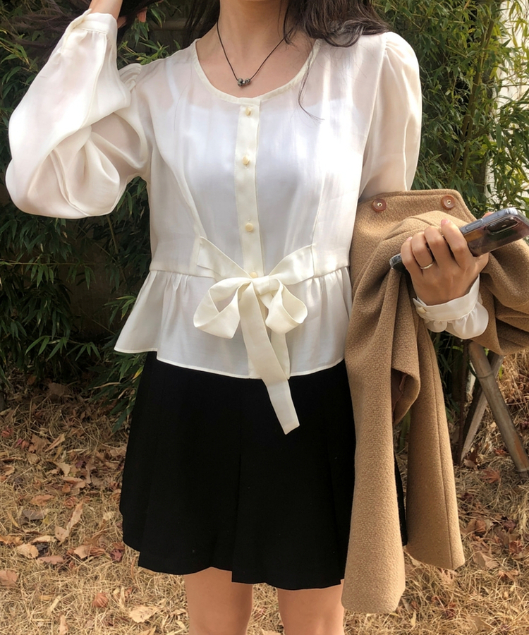 シャーリングリボンシースルーブラウス IVORY