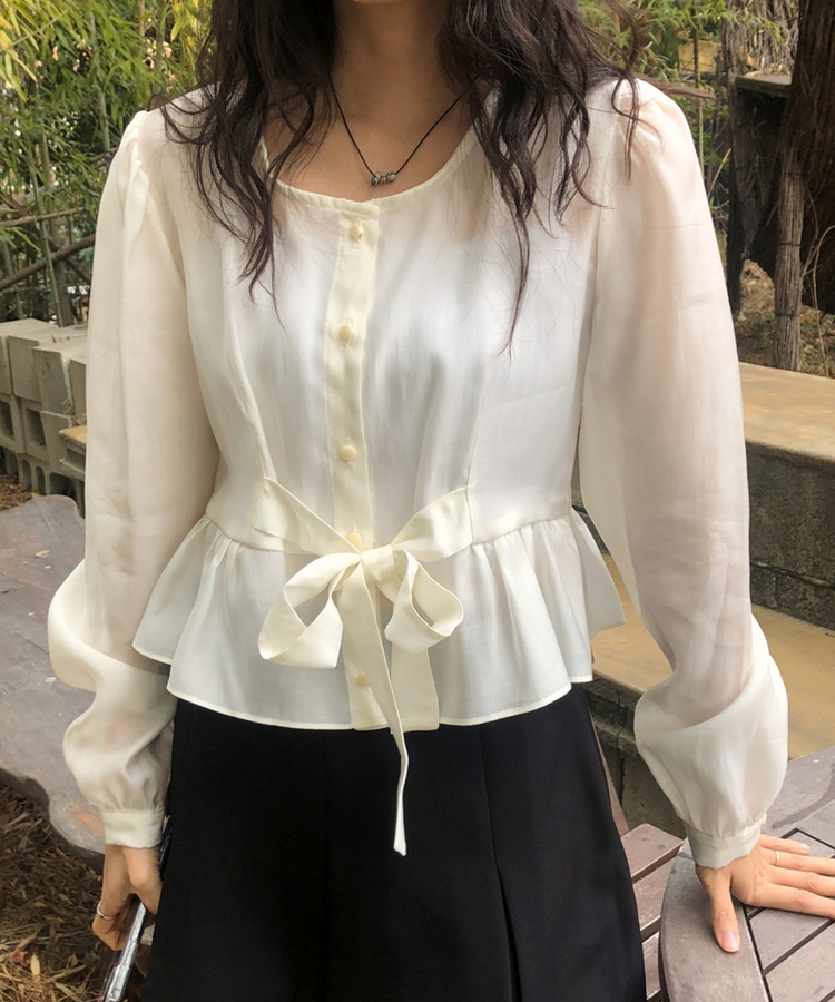 シャーリングリボンシースルーブラウス IVORY