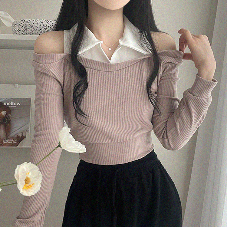 オフショルダークロップ長袖Tシャツ PINK