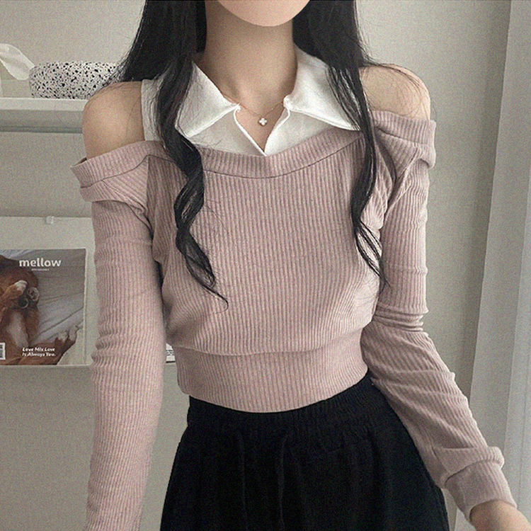 オフショルダークロップ長袖Tシャツ PINK