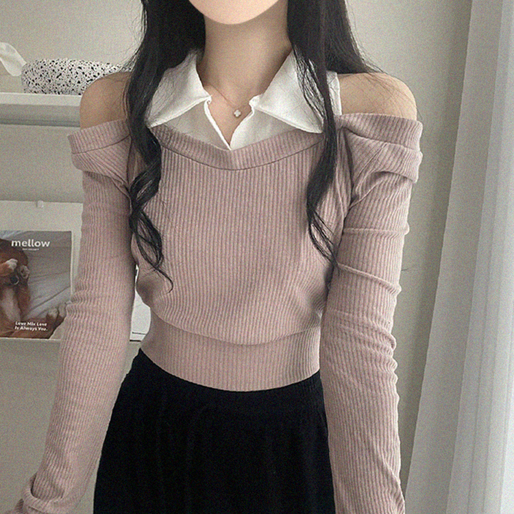 オフショルダークロップ長袖Tシャツ PINK