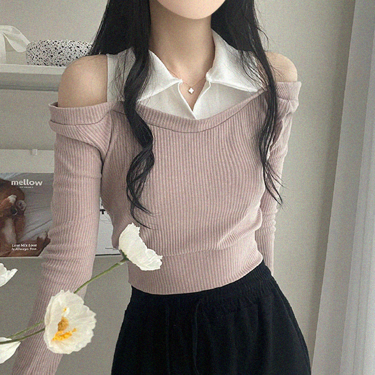 オフショルダークロップ長袖Tシャツ PINK