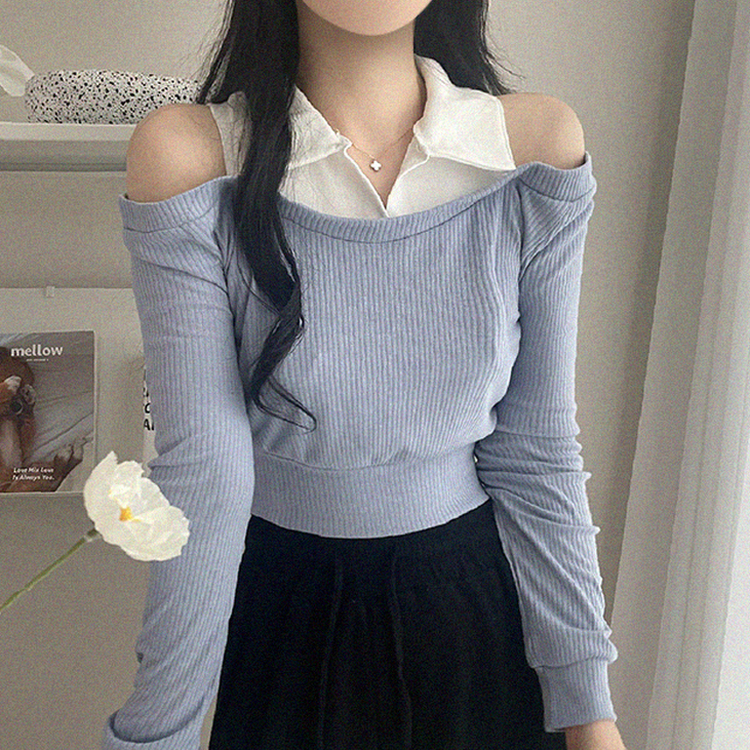 オフショルダークロップ長袖Tシャツ AQUA
