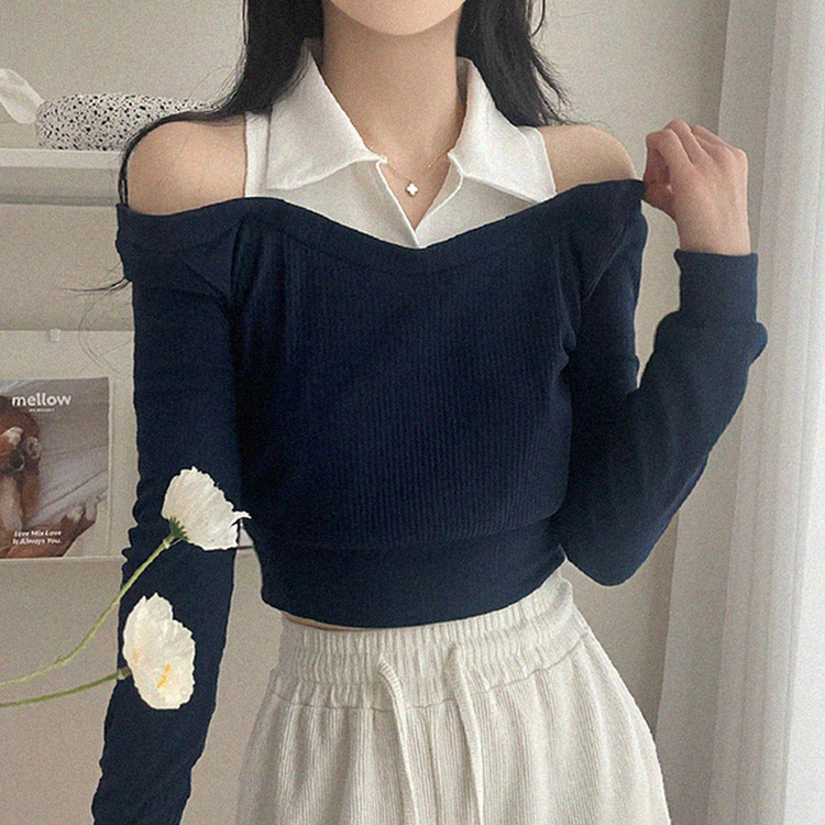 オフショルダークロップ長袖Tシャツ NAVY