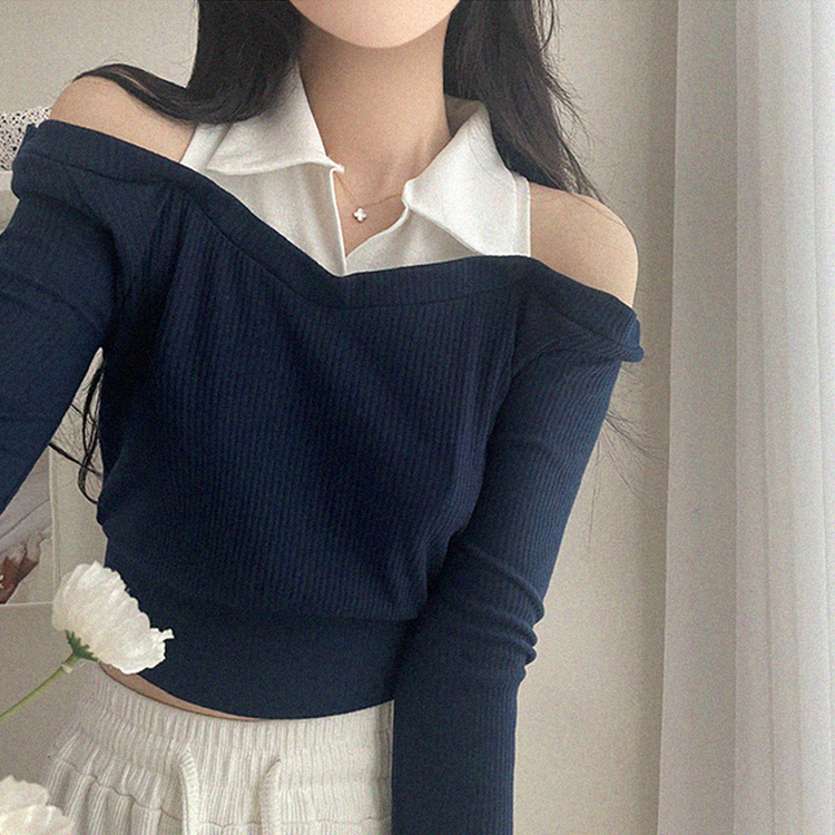 オフショルダークロップ長袖Tシャツ NAVY