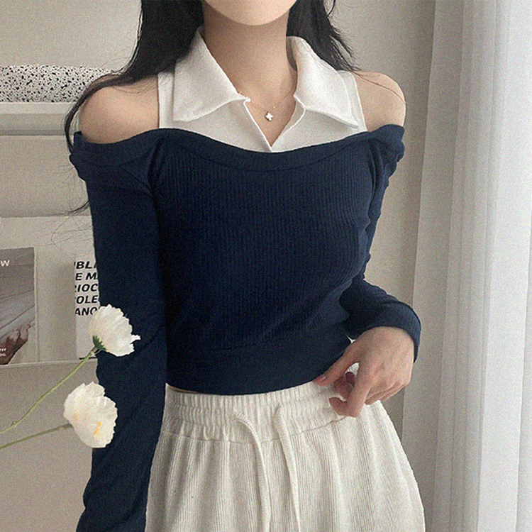 オフショルダークロップ長袖Tシャツ NAVY