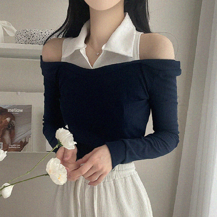 オフショルダークロップ長袖Tシャツ NAVY