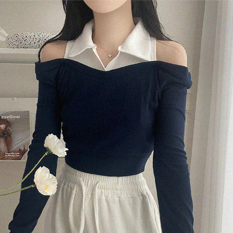 オフショルダークロップ長袖Tシャツ NAVY
