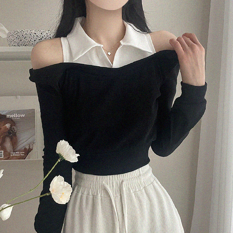 オフショルダークロップ長袖Tシャツ BLACK