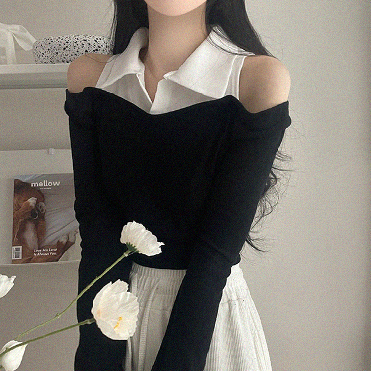 オフショルダークロップ長袖Tシャツ BLACK