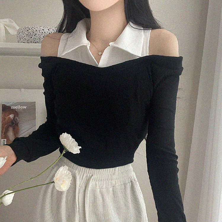 オフショルダークロップ長袖Tシャツ BLACK