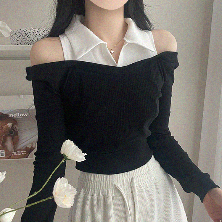 オフショルダークロップ長袖Tシャツ BLACK