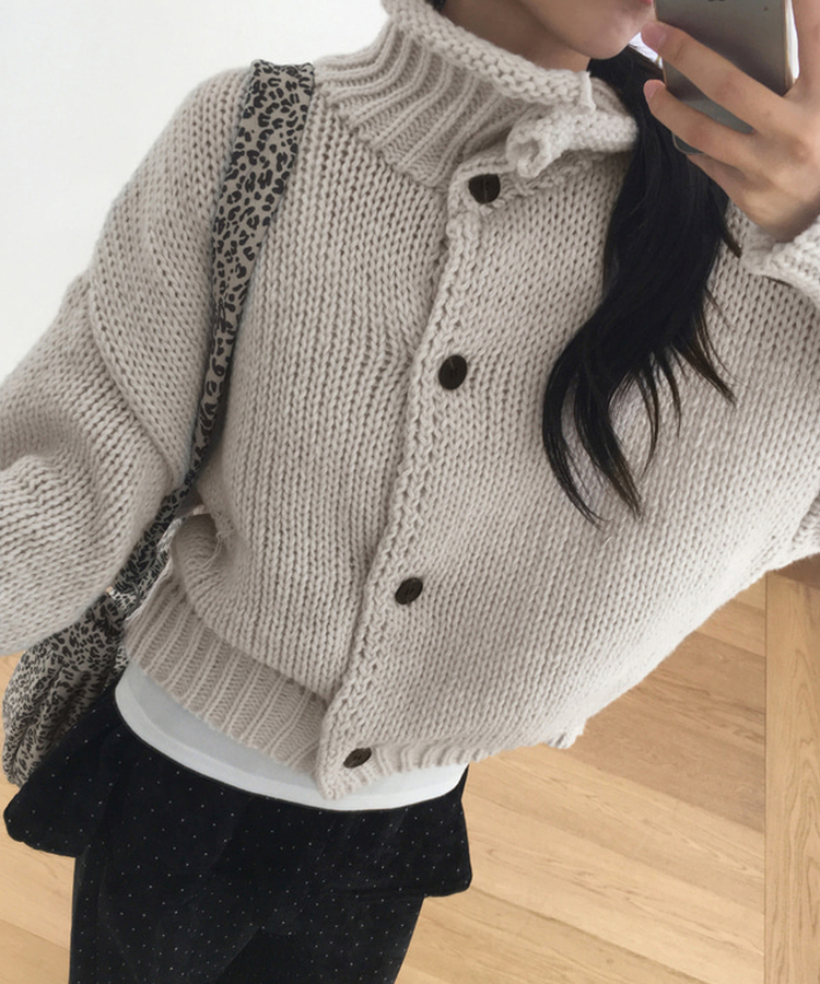 ハイネックボタンニットカーディガン IVORY