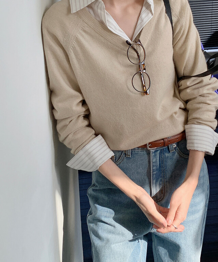 ルーズフィットウールVネックニット(6color) BUTTER BEIGE
