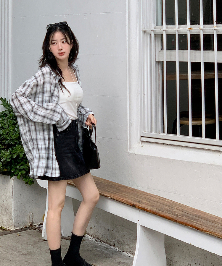 タウンルーズフィットチェックシャツ IVORY BLACK