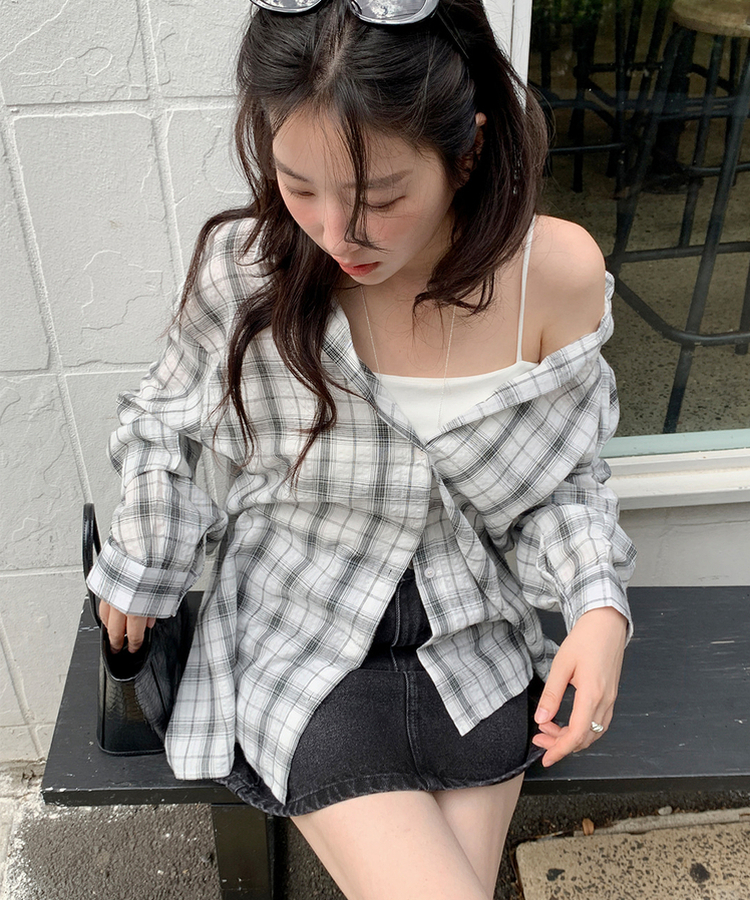 タウンルーズフィットチェックシャツ IVORY BLACK