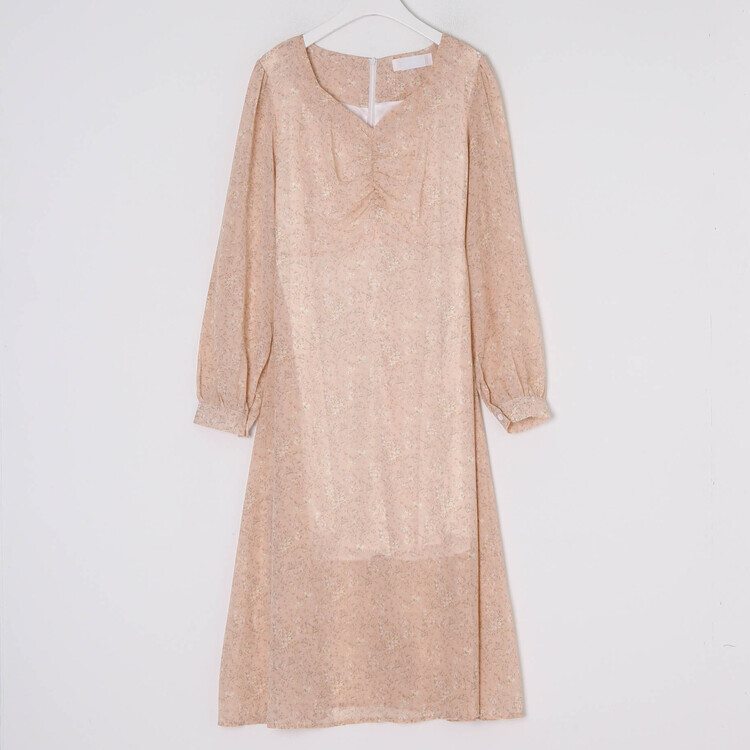 플라워 셔링 하트넥 롱원피스 (3color)