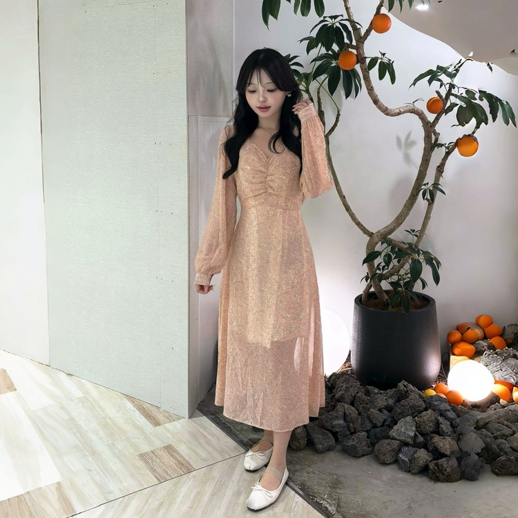 플라워 셔링 하트넥 롱원피스 (3color)