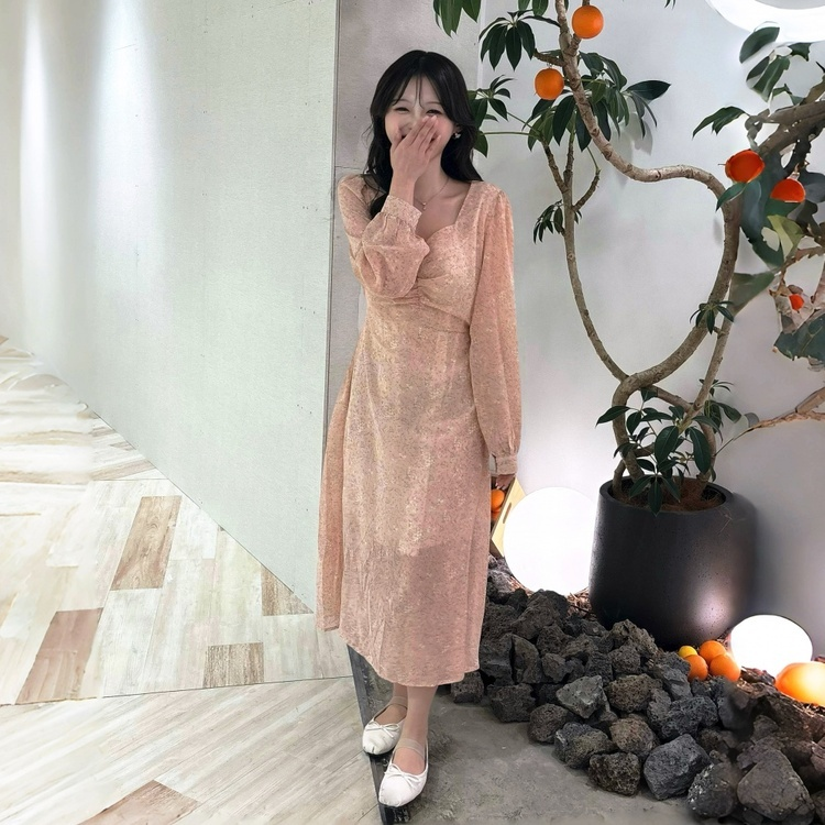 플라워 셔링 하트넥 롱원피스 (3color)