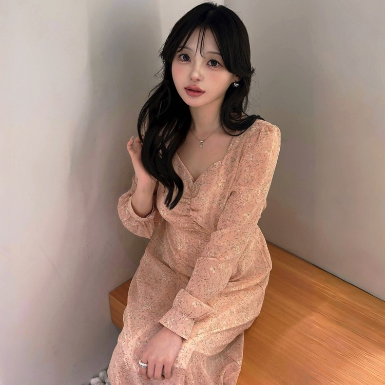 플라워 셔링 하트넥 롱원피스 (3color)