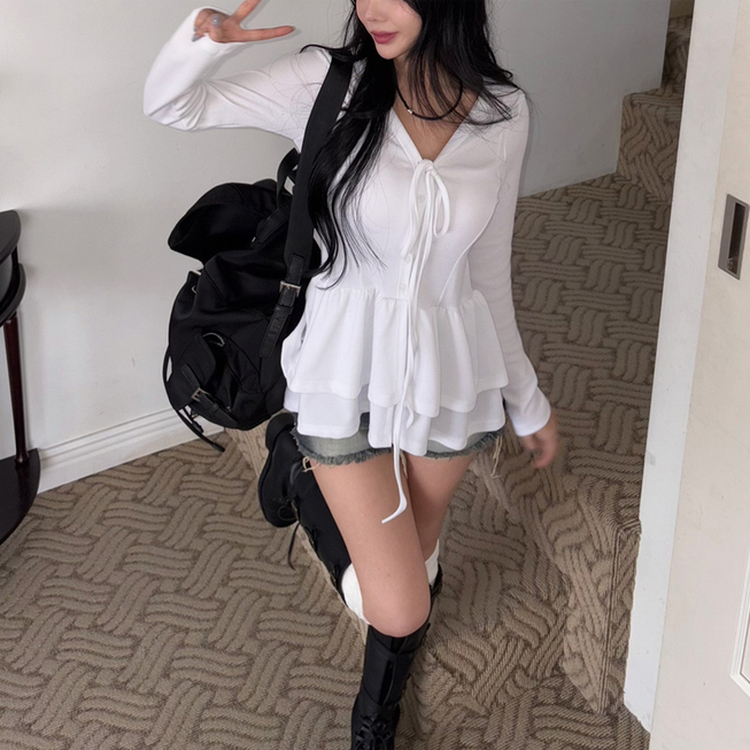 ティアードフリルリボン長袖Tシャツ WHITE