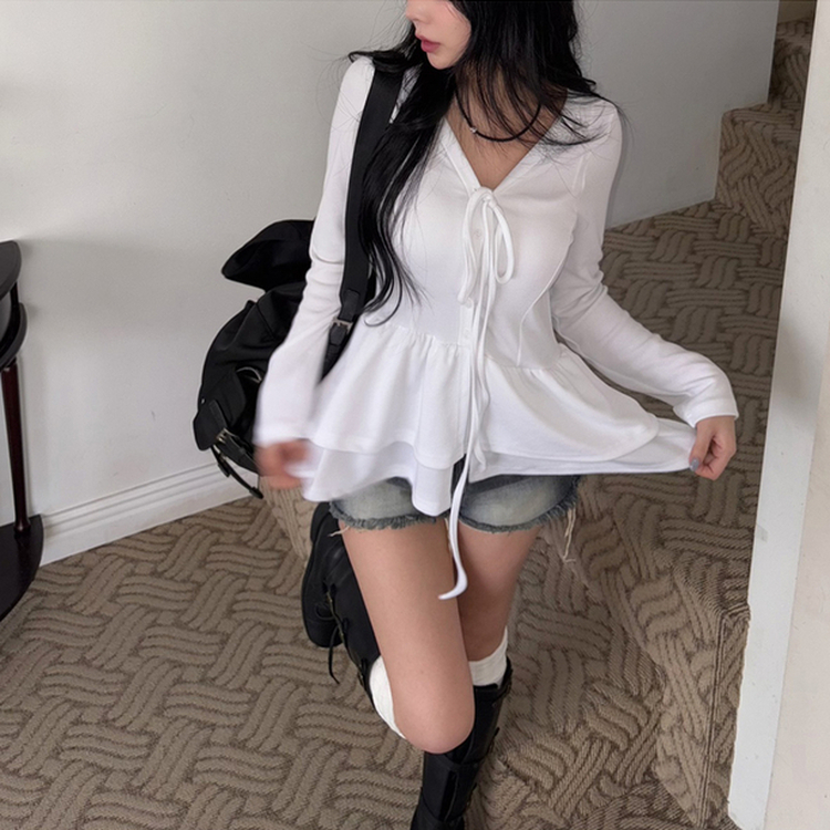 ティアードフリルリボン長袖Tシャツ WHITE