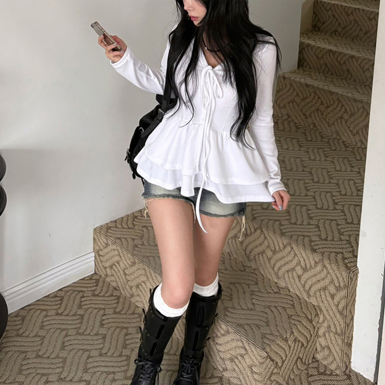 ティアードフリルリボン長袖Tシャツ WHITE