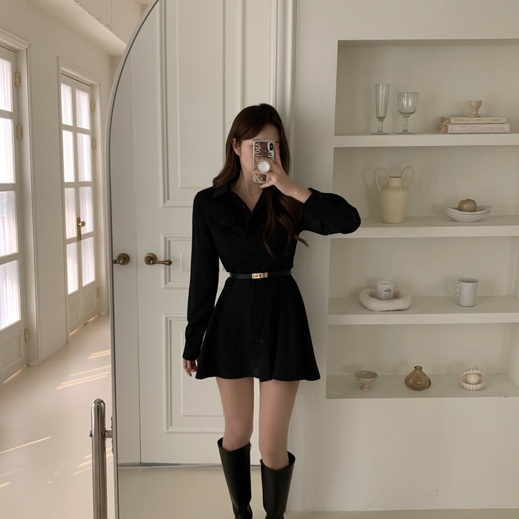 【ベルト付き】ピンタックミニワンピース BLACK