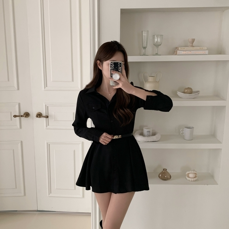 【ベルト付き】ピンタックミニワンピース BLACK