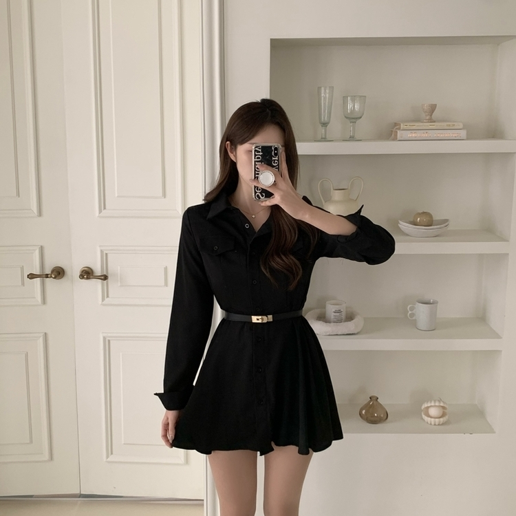 【ベルト付き】ピンタックミニワンピース BLACK