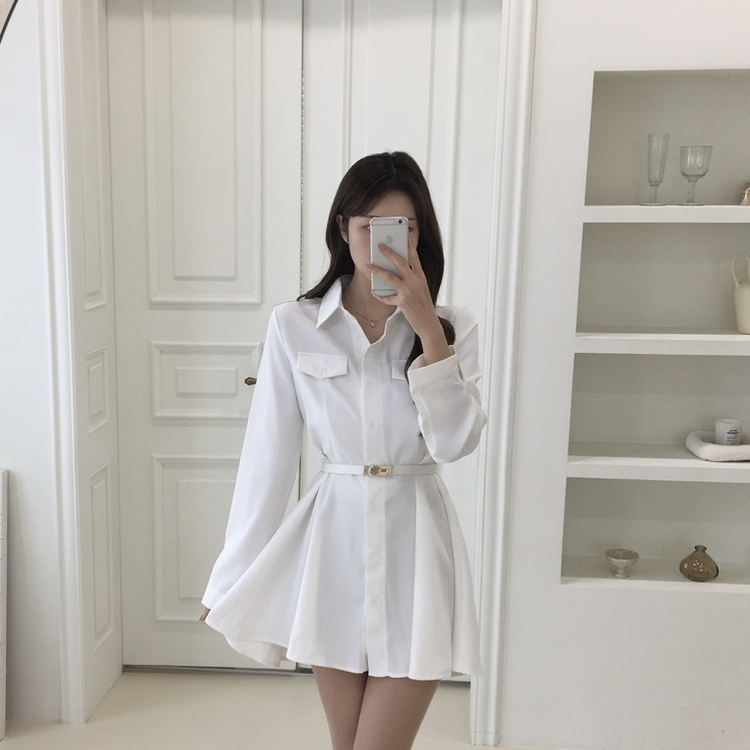 【ベルト付き】ピンタックミニワンピース WHITE