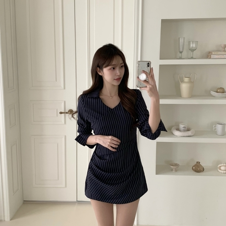 シャツラップVネックミニワンピース NAVY