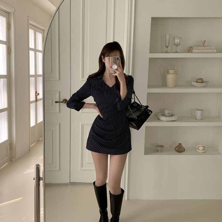 シャツラップVネックミニワンピース NAVY