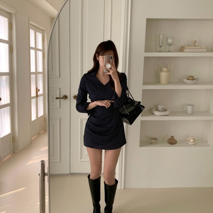 シャツラップVネックミニワンピース NAVY