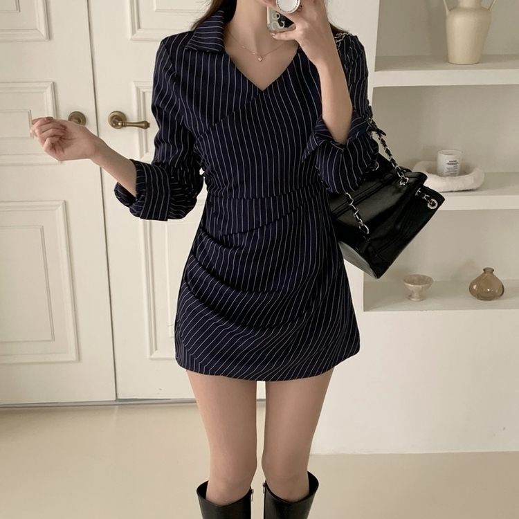 シャツラップVネックミニワンピース NAVY