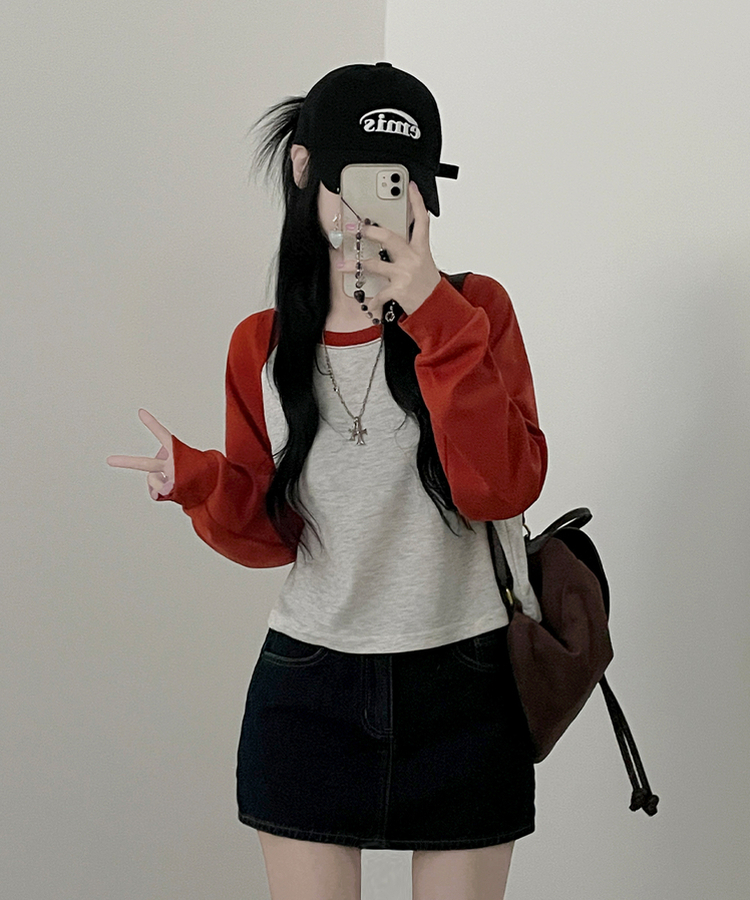 세미크롭배색나그랑루즈핏맨투맨긴팔티 오렌지