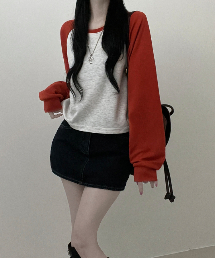 세미크롭배색나그랑루즈핏맨투맨긴팔티 오렌지
