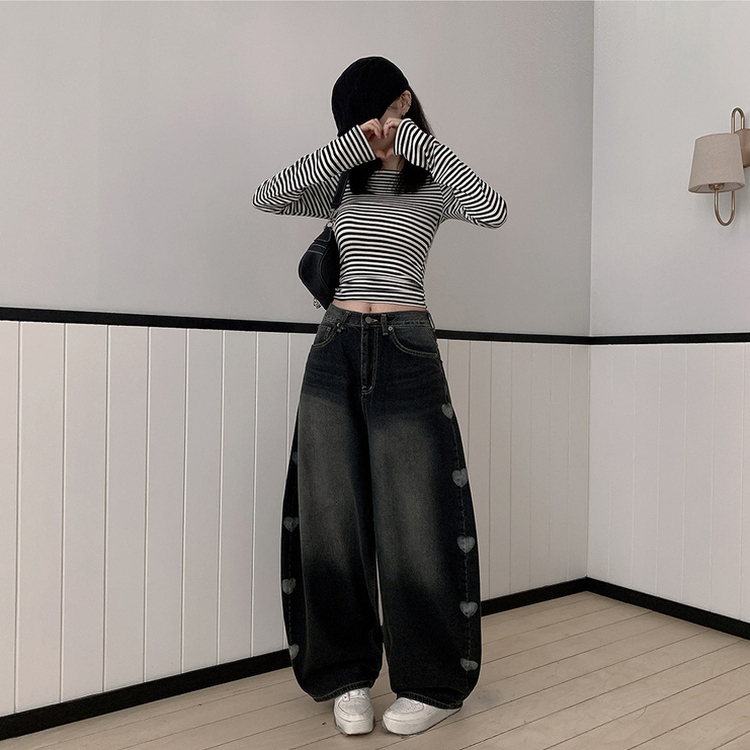 ハートプリンティングワイドデニムパンツ BLACK DENIM