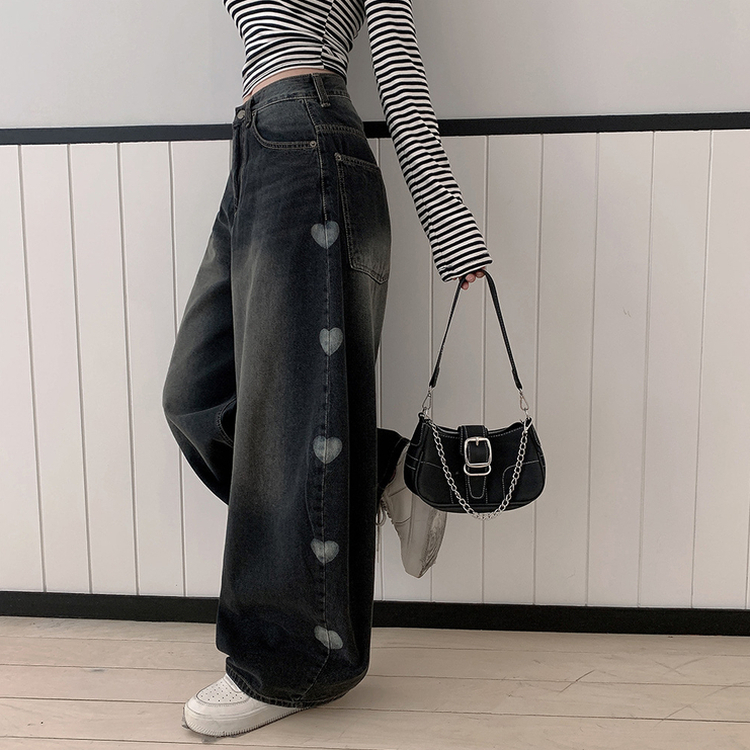 ハートプリンティングワイドデニムパンツ BLACK DENIM