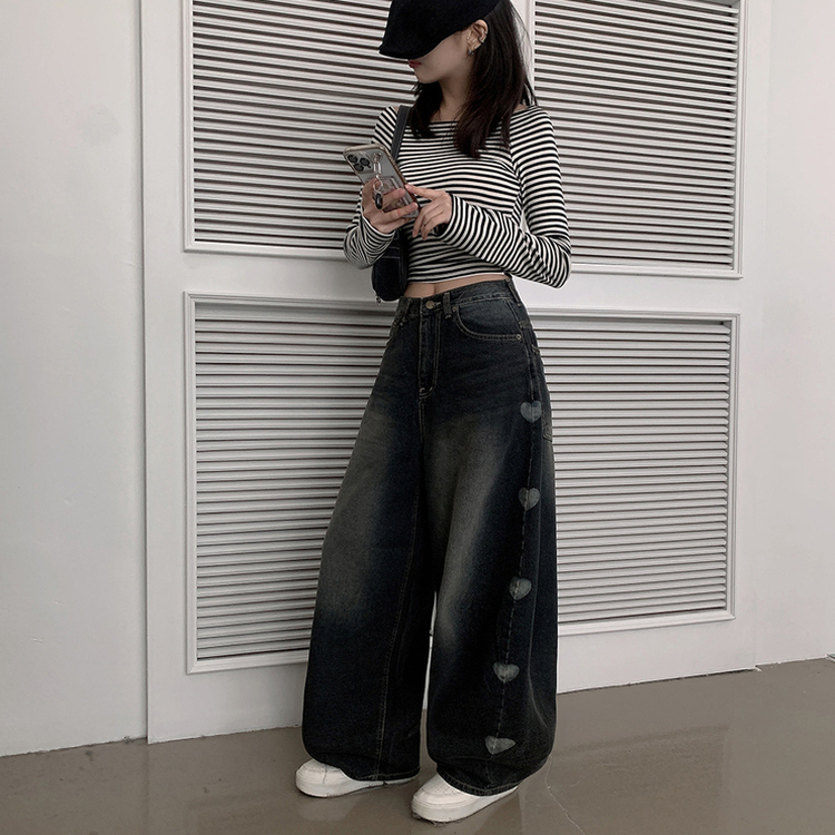 ハートプリンティングワイドデニムパンツ BLACK DENIM
