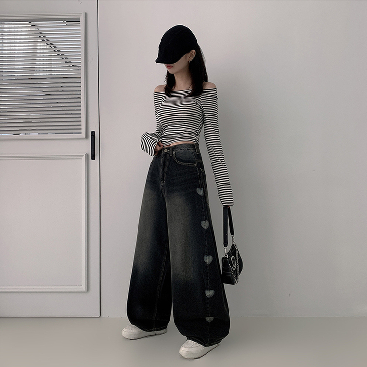 ハートプリンティングワイドデニムパンツ BLACK DENIM