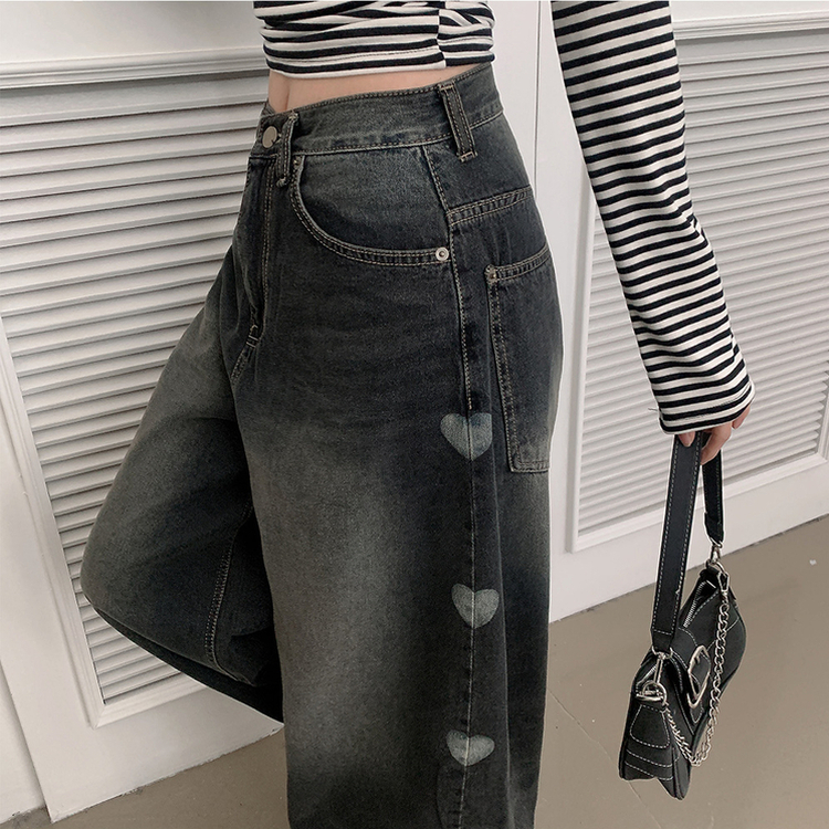 ハートプリンティングワイドデニムパンツ BLACK DENIM