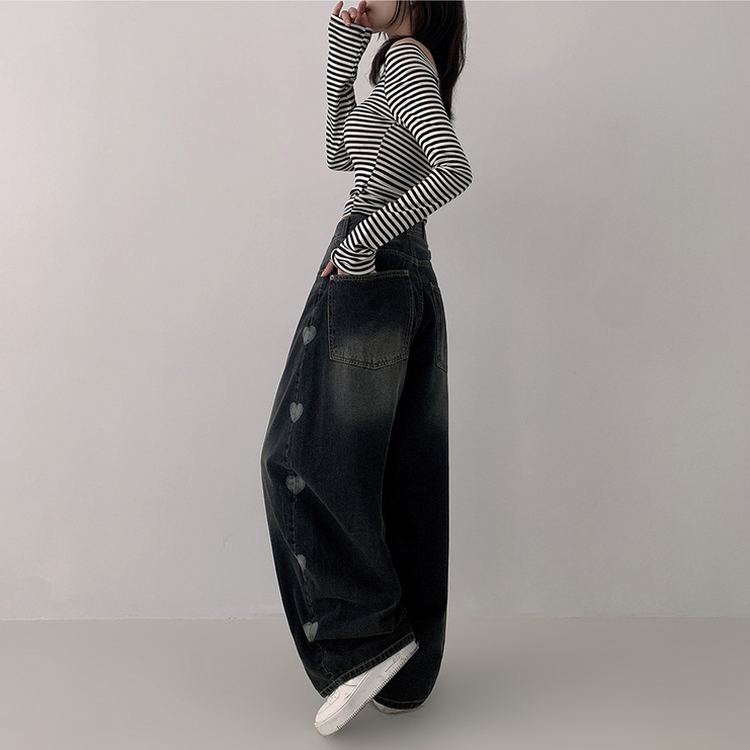 ハートプリンティングワイドデニムパンツ BLACK DENIM