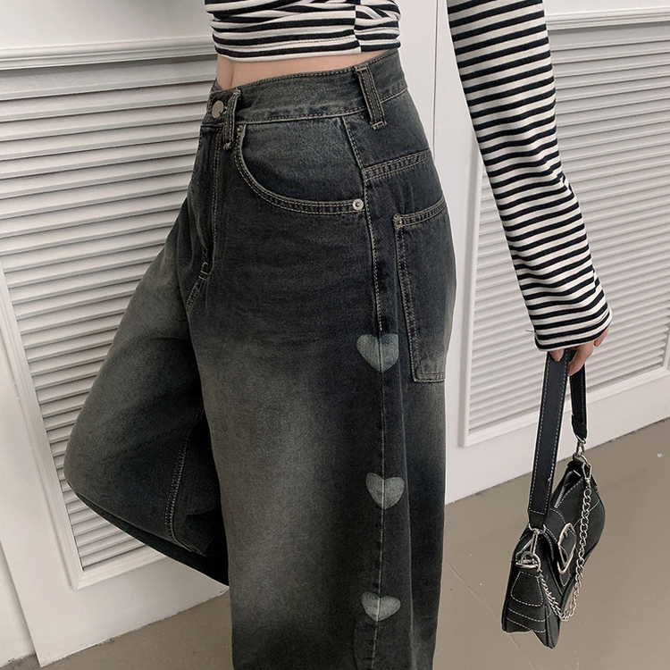 ハートプリンティングワイドデニムパンツ BLACK DENIM